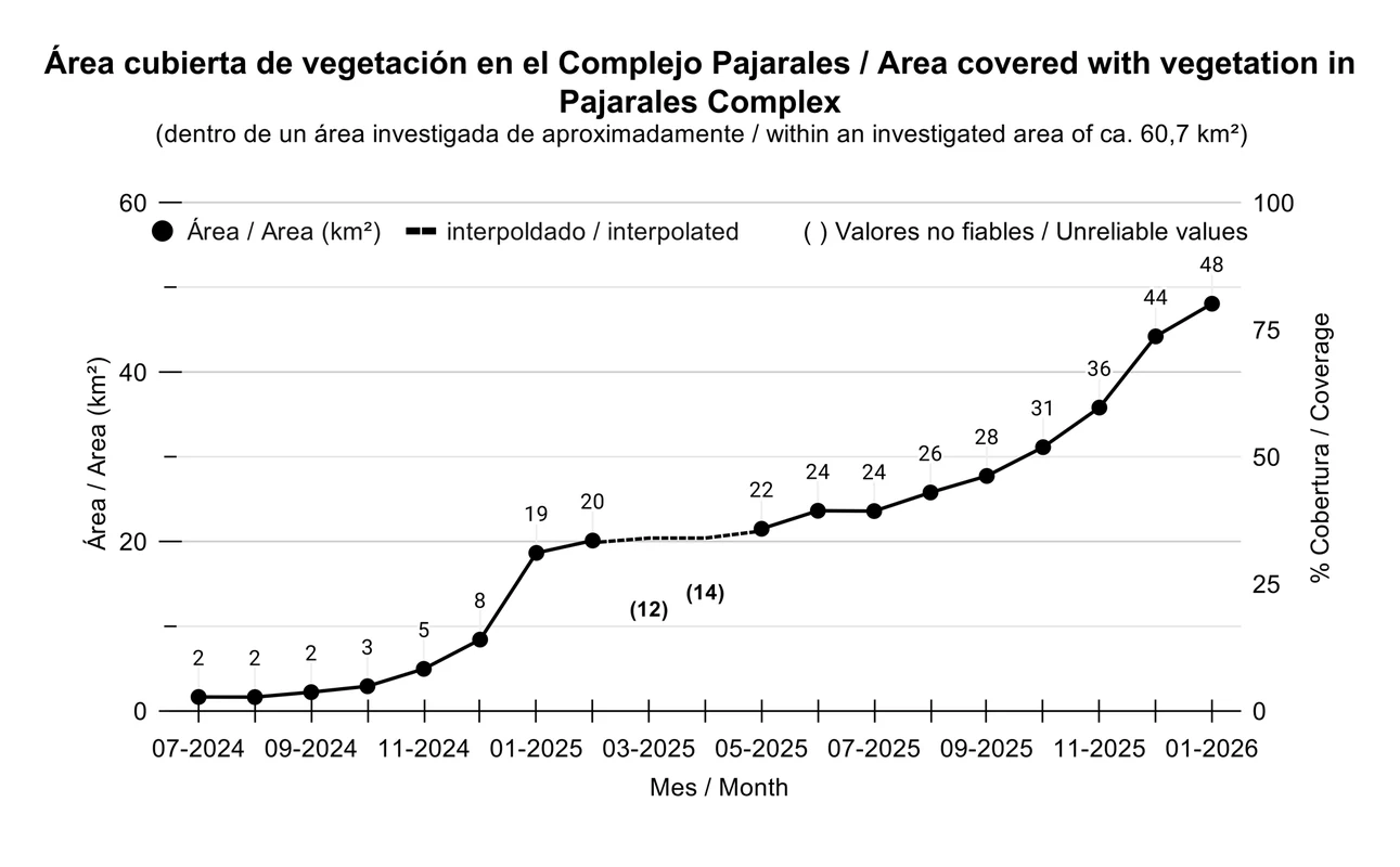 Evolución de la cobertura vegetal acuática entre julio de 2024 y enero de 2026